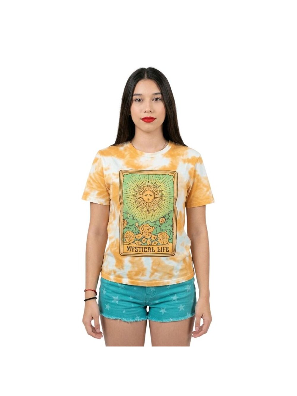 Shein‎ Women's Yellow Sun Print Mystical Life Tie Dye Tee Size Medium NWT